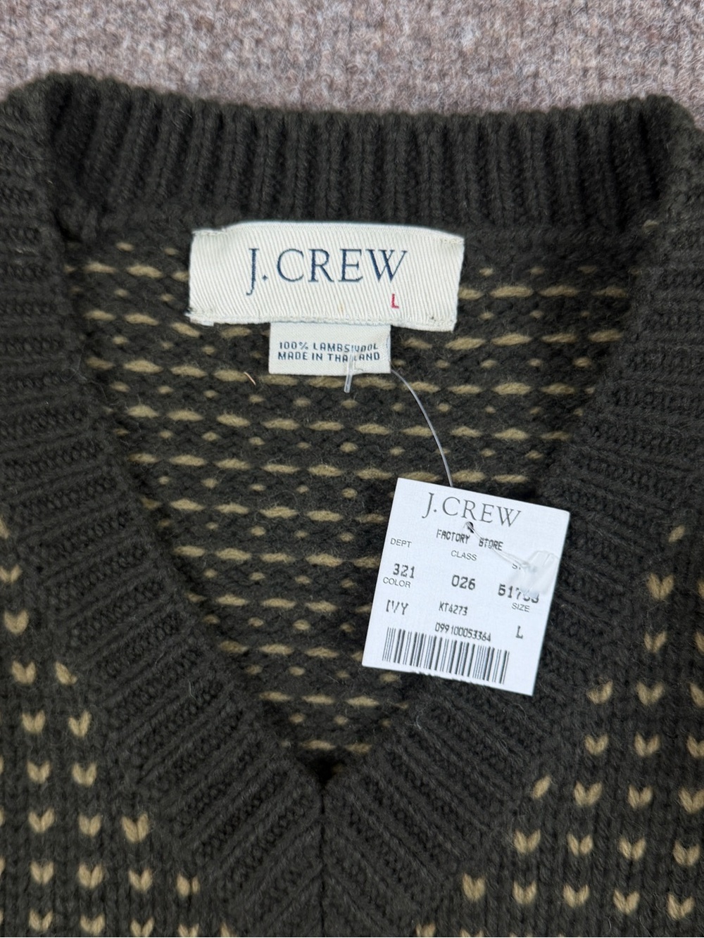 J Crew Green Birdseye Pattern V-Neck Knit Wool Pullover Sweater Men’s Large NWT - Picture 4 of 7